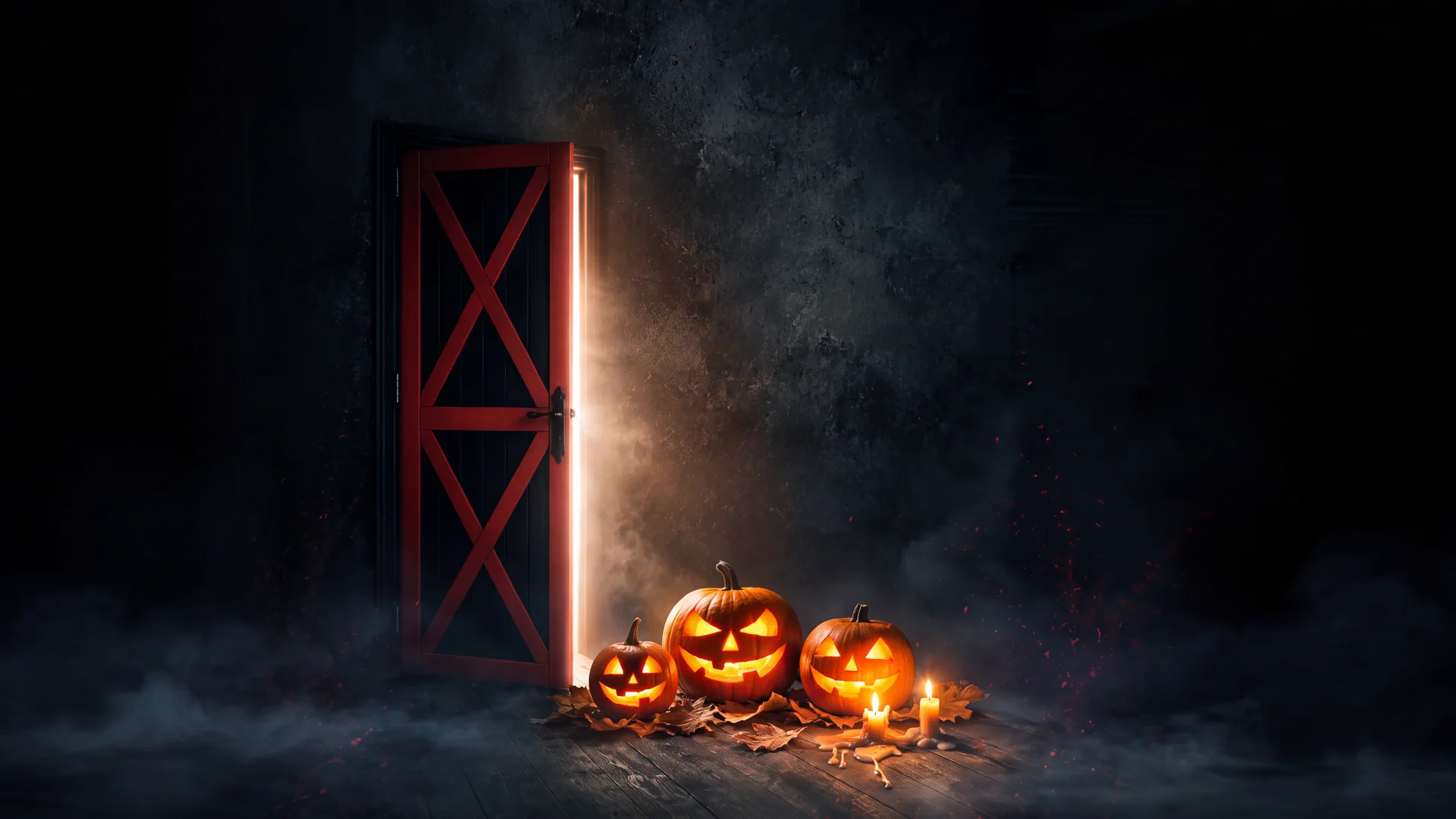 La puerta roja del Bar Bianco entreabierta en la noche de Halloween, con tres calabazas talladas iluminadas a sus pies