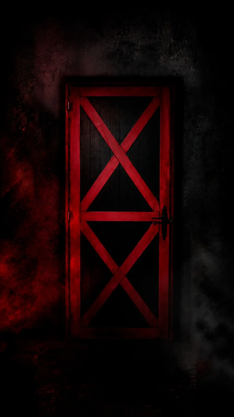 La puerta roja cerrada del Bar Bianco entre niebla roja y oscuridad