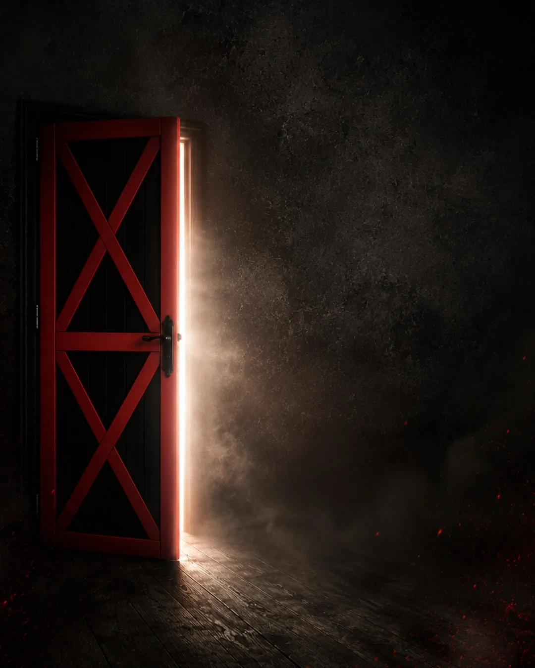 La puerta roja del Bar Bianco entreabierta, con luz cálida y niebla saliendo del interior